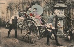 Japan Two Geishas in Rickshaw with Pushers & Puller Asian Postcard Postcard Postcard