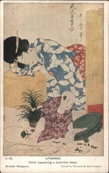 UTAMARO. Child Upsetting a Gold-fish Bowl. Asian Postcard Postcard Postcard