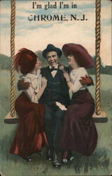 Man with Two Women on a Swing in Chrome, NJ Postcard