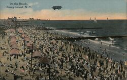 Coney Island Beach, NY - Biplane, Sailboats, Crowd Postcard