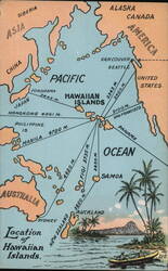 Location of Hawaiian Islands, Pacific Ocean Map Honolulu, HI Postcard Postcard Postcard