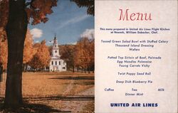 United Air Lines Menu, New England Church, Fall Foliage Airline Advertising William Dubacher Postcard Postcard Postcard