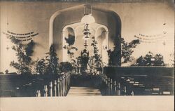 Church Interior Decorated with Plants and Banners Postcard