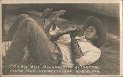 Cowboy Bill Bullhogging Alligator, Musa Isle Indian Village Miami, FL Postcard Postcard Postcard