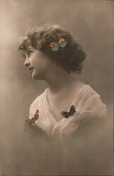 Young Woman with Butterflies in Hair, Real Photo Postcard Postcard