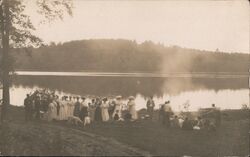 People gathered at lakeside Poland, ME Postcard Postcard Postcard