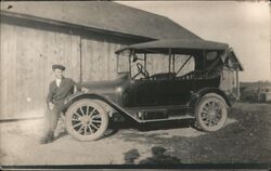 Man Leaning on Vintage Automobile Postcard