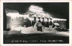 Beacon Hill Lodge, Soda Springs, CA at Night in Winter Postcard