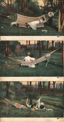 Three Humorous Illustrations of Hammock Mishaps Postcard