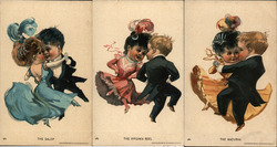 Three illustrations of children dancing The Galop, Virginia Reel, and Mazurka Postcard