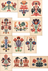 12 Polish Folk Art Designs, Roosters, Birds, Flowers Postcard