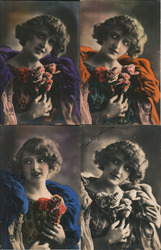 Four poses of a woman with roses, color variations Art Deco Postcard Postcard Postcard