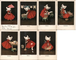 Complete Set of 7: Days of the Week - Little Girl in Red Dress and Bonnet Postcard