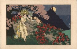 Couple on Balcony, Roses, Moonlit Night, D. Guidi Art Nouveau D. Gobbi Postcard Postcard Postcard