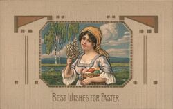 Young Woman with Easter Eggs and Pussy Willows Postcard