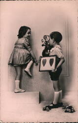 Boy with Valentine, Girl on Steps, Vintage Postcard Postcard