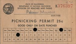 1954 Palomar Mountain State Park California Picnic Permit Ephemera