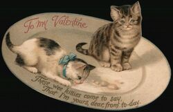 Die Cut Two Kittens on a Plate, Valentine's Day Postcard Cats Ephemera Ephemera Ephemera