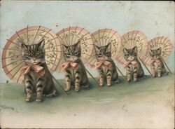 Five Kittens with Parasols and Pink Bows Cats Ephemera Ephemera Ephemera