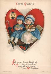 Love's Greeting, Valentine Children with Bank Book & Cookbook in Heart Ellen Clapsaddle Greeting Card Greeting Card Greeting Card