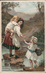 Two Girls & Toddler by Stream, Household Sewing Machine Co. Trade Card