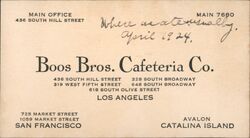 Boos Bros. Cafeteria Co. Locations Los Angeles San Francisco Catalina Business Card