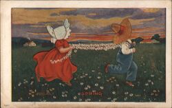 Sunbonnet Babies Holding Daisy Chain, Spring Postcard