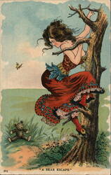 Girl Climbing Tree Away from Teddy Bear, A Bear Escape Postcard