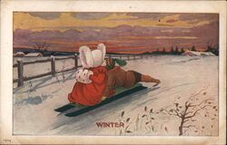 Children Sledding, Winter Scene Postcard