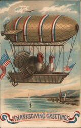 Thanksgiving Greetings, Turkeys in Dirigible Postcard