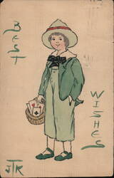 Boy with Basket, Best Wishes Postcard