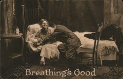 Breathing's Good, Comic Postcard, Man Tickling Woman in Bed Postcard