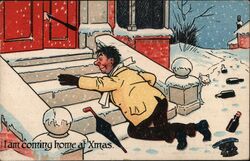 I am coming home at Xmas. Comic Drunk Man Crawling Up Steps Drinking Postcard Postcard Postcard