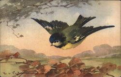 Titmouse in Flight Over Autumn Foliage Postcard