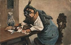 Anthropomorphic Boxer Dog at Table with Cards, Sausage Postcard