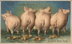 1911 Happy New Year Pigs and Gold Coins Postcard