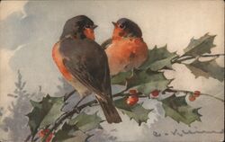 Two Birds on Holly Branch Postcard