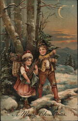 Children Carrying Christmas Tree and Firewood Postcard