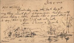 Hand-drawn Sketch of a House by the Water Postcard