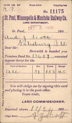 1900 Land Deed Transfer Notice, St. Paul, Minneapolis & Manitoba Railway Postcard