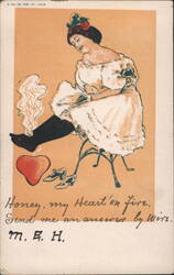 Woman with Smoking Foot, Comic Valentine Postcard Comic, Funny Postcard Postcard Postcard