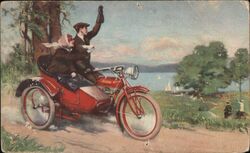 Couple Riding Vintage Indian Motorcycle with Sidecar Postcard