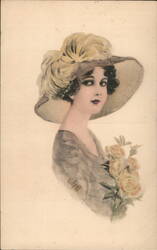 Woman with Large Hat and Flowers Hand Colored Watercolor Postcard