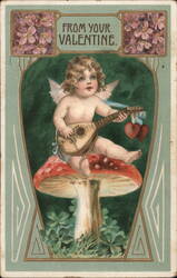 Cupid Playing Mandolin on Mushroom Valentine Postcard Postcard Postcard Postcard