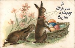 Two Rabbits with Easter Eggs, Happy Easter Postcard Postcard