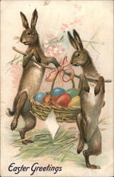 Two Rabbits Carrying Basket of Easter Eggs Postcard