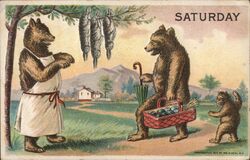 Two Bears, Kitten, Fish, Umbrella, Basket, Saturday Postcard