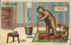 Two Bear Cubs Sweeping and Dusting, Days of the Week Friday Postcard