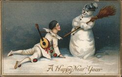 Happy New Year Pierrot Clown with Mandolin & Snowman Postcard