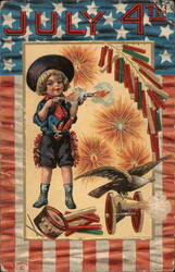 July 4th Boy Cowboy Gun Fireworks Eagle Cannon Patriotic Postcard 1910 4th of July Postcard Postcard Postcard